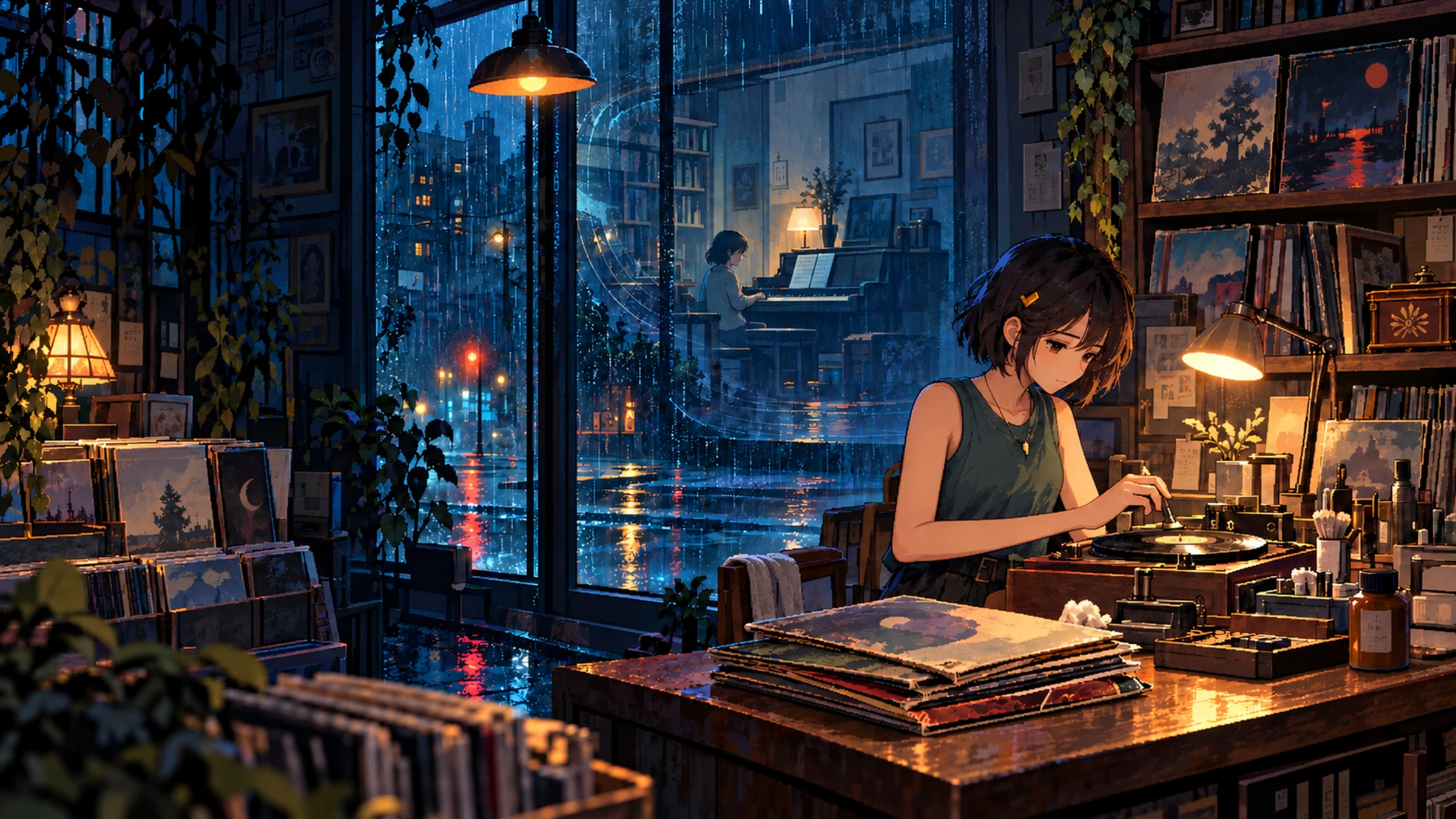 雨夜的唱片行，店主在暖灯下修复黑胶，玻璃窗里浮现弹琴的身影